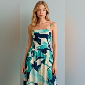 NWT Christian Lacroix Linen Cotton Blue Organic Pattern Summer Midi Dress - XS